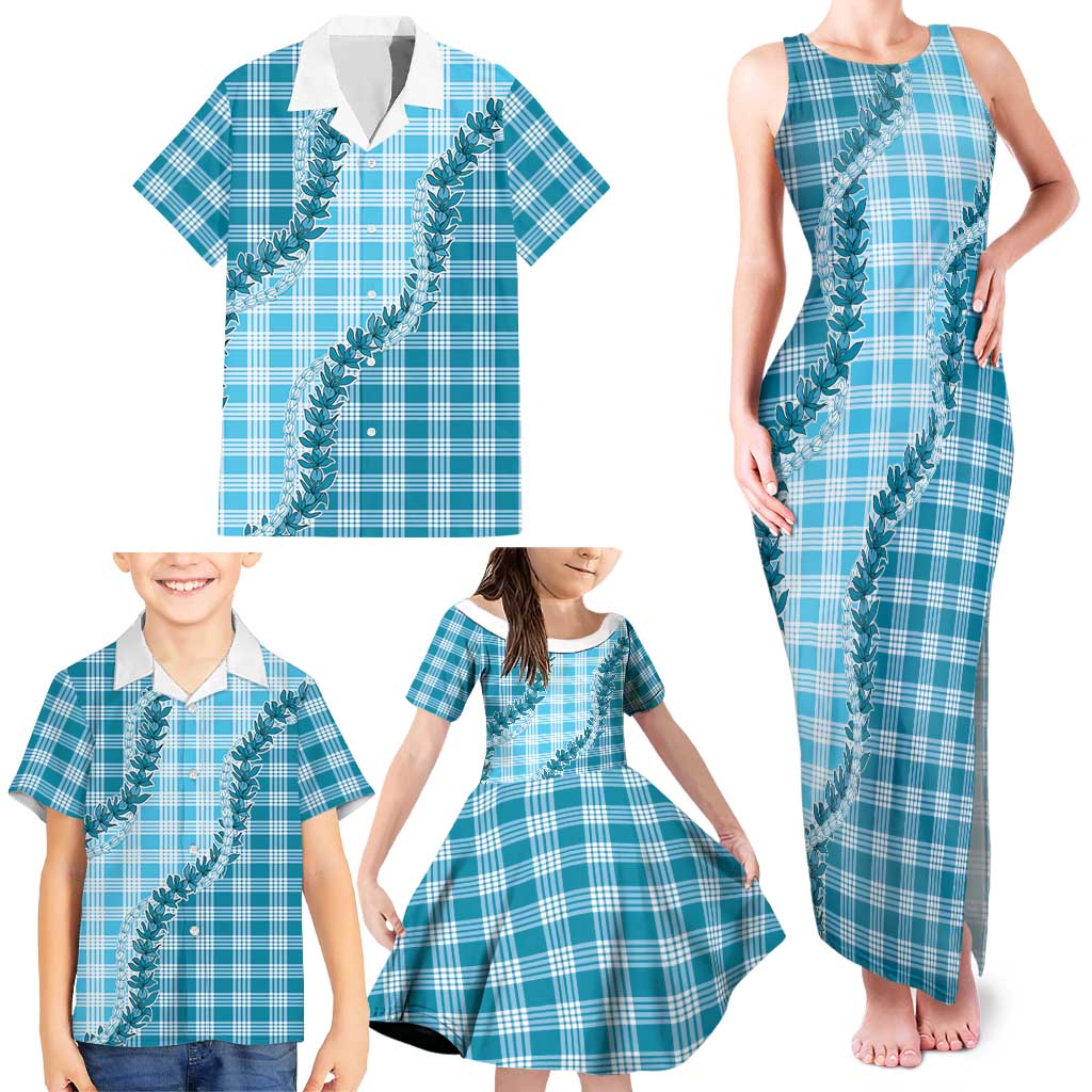 Blue Hawaii Palaka Family Matching Tank Maxi Dress and Hawaiian Shirt Hawaiian Pikake Lei