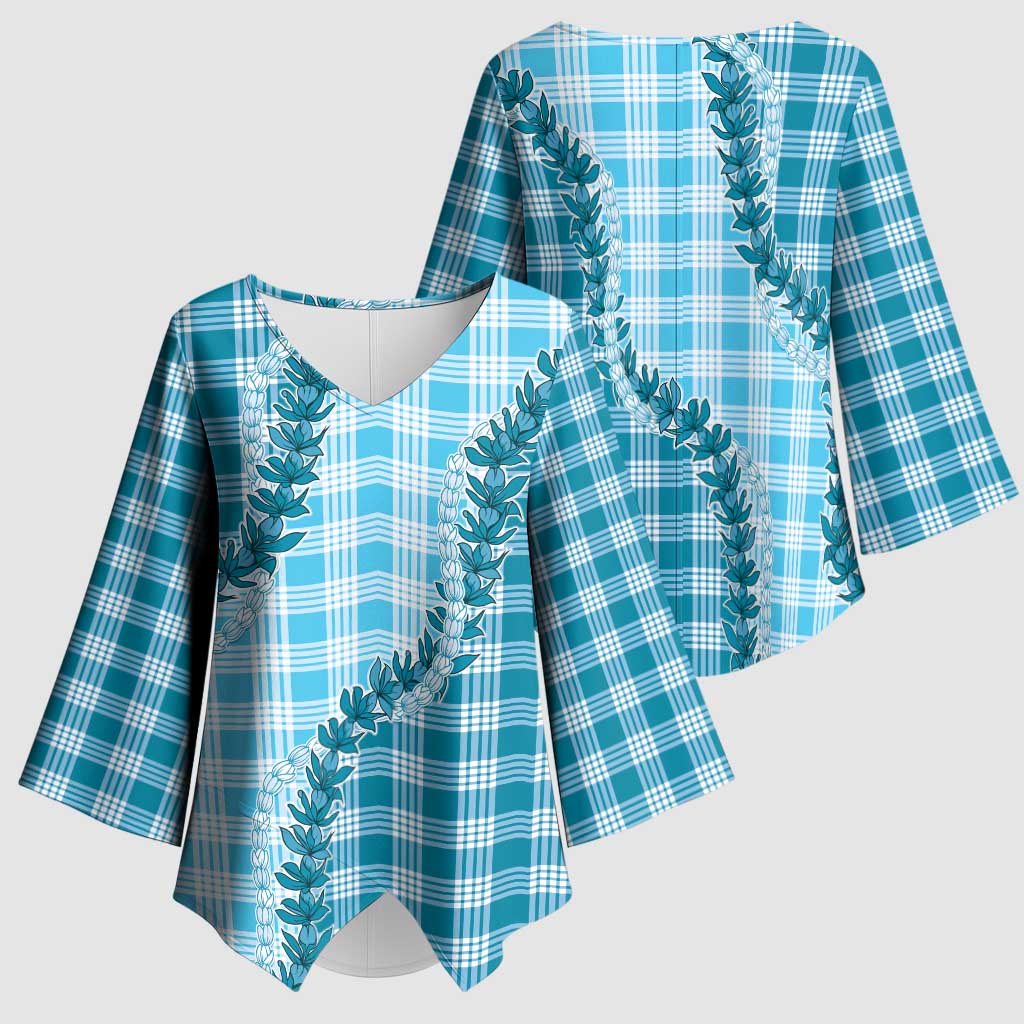 Blue Hawaii Palaka Kimono Sleeve Blouse Hawaiian Pikake Lei LT05 - Polynesian Pride