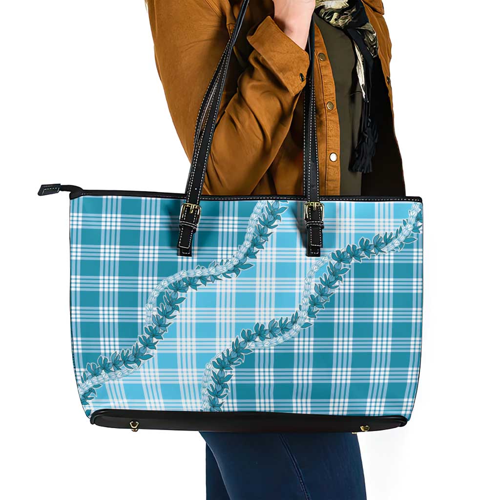 Blue Hawaii Palaka Leather Tote Bag Hawaiian Pikake Lei LT05 - Polynesian Pride