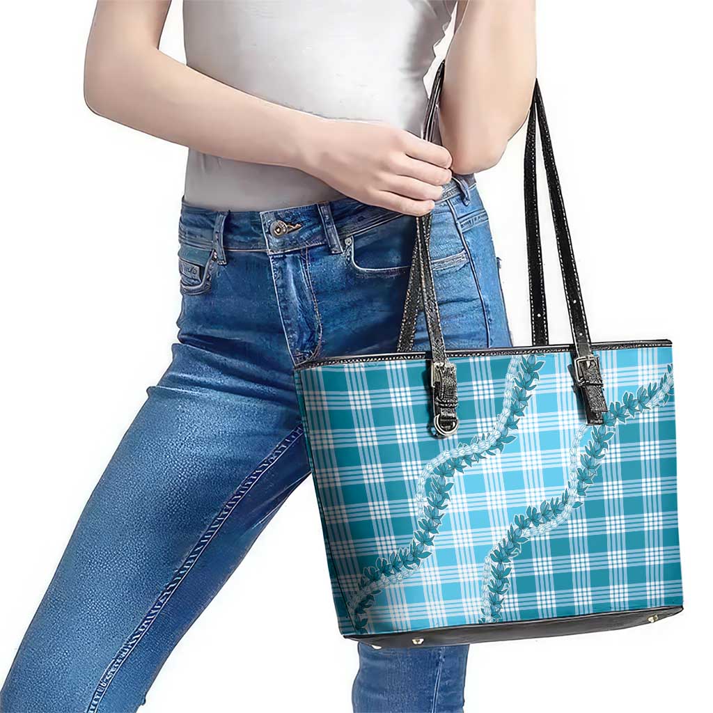 Blue Hawaii Palaka Leather Tote Bag Hawaiian Pikake Lei LT05 - Polynesian Pride