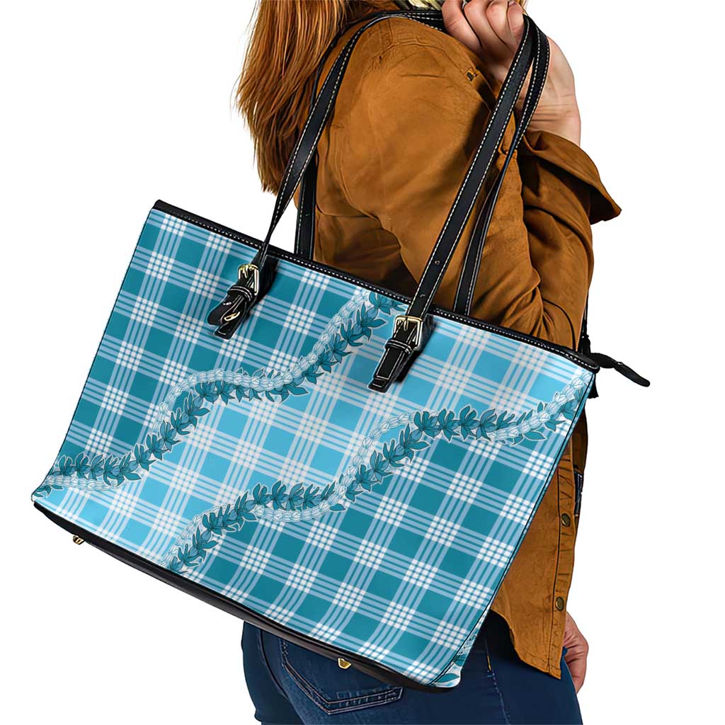 Blue Hawaii Palaka Leather Tote Bag Hawaiian Pikake Lei LT05 - Polynesian Pride