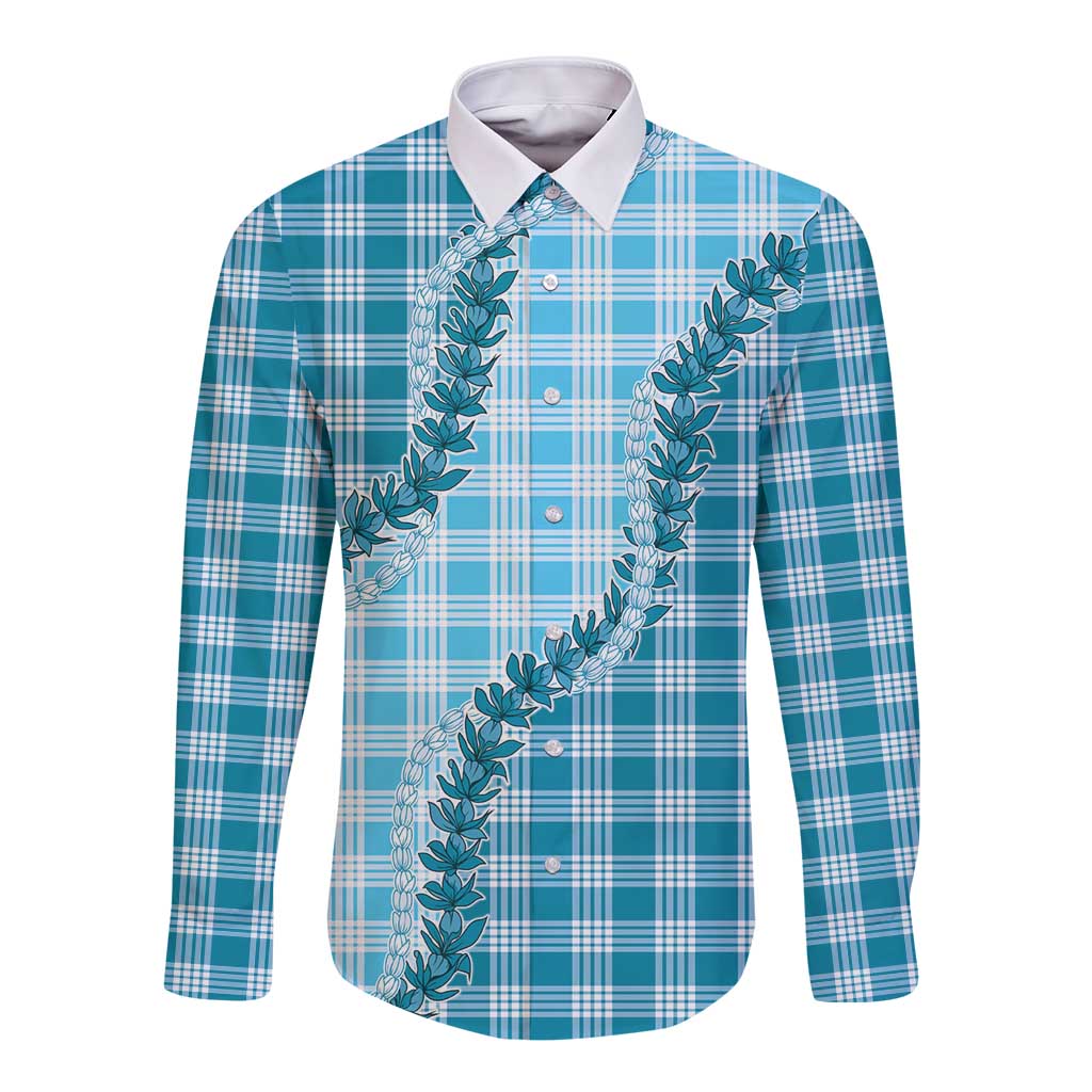 Blue Hawaii Palaka Long Sleeve Button Shirt Hawaiian Pikake Lei LT05 Unisex Blue - Polynesian Pride
