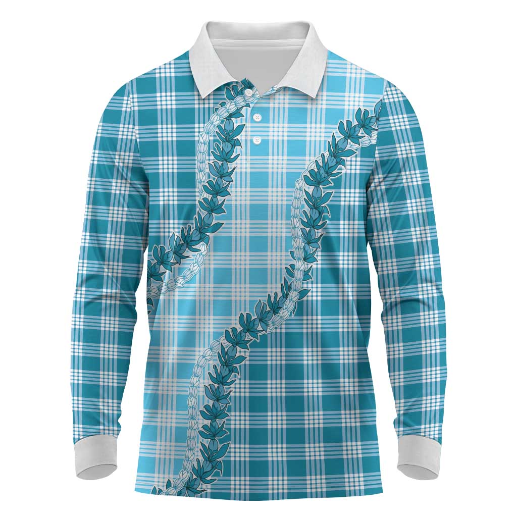 Blue Hawaii Palaka Long Sleeve Polo Shirt Hawaiian Pikake Lei LT05 Blue - Polynesian Pride