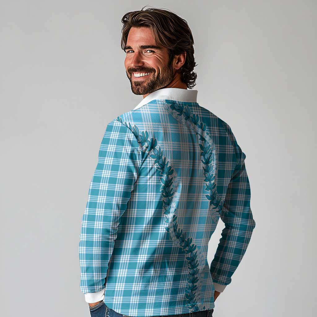 Blue Hawaii Palaka Long Sleeve Polo Shirt Hawaiian Pikake Lei LT05 - Polynesian Pride