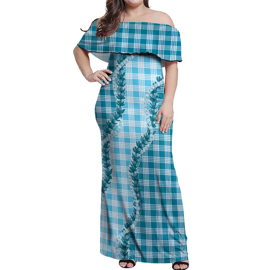 Blue Hawaii Palaka Off Shoulder Maxi Dress Hawaiian Pikake Lei LT05 Women Blue - Polynesian Pride
