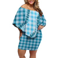 Blue Hawaii Palaka Off Shoulder Short Dress Hawaiian Pikake Lei