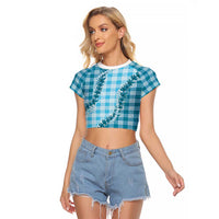 Blue Hawaii Palaka Raglan Cropped T Shirt Hawaiian Pikake Lei LT05 Female Blue - Polynesian Pride
