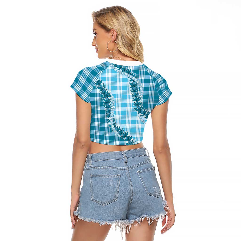 Blue Hawaii Palaka Raglan Cropped T Shirt Hawaiian Pikake Lei LT05 - Polynesian Pride