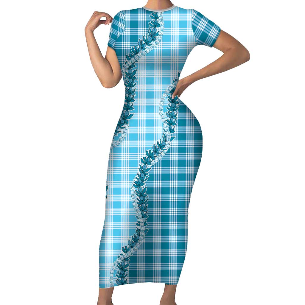 Blue Hawaii Palaka Short Sleeve Bodycon Dress Hawaiian Pikake Lei