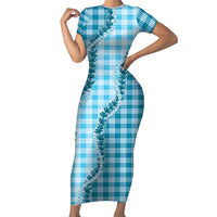 Blue Hawaii Palaka Short Sleeve Bodycon Dress Hawaiian Pikake Lei
