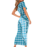 Blue Hawaii Palaka Short Sleeve Bodycon Dress Hawaiian Pikake Lei