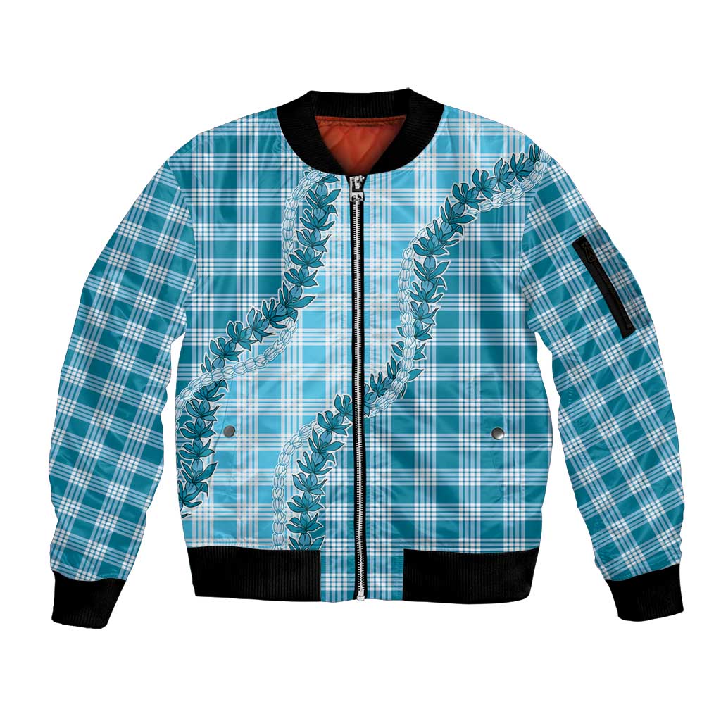 Blue Hawaii Palaka Sleeve Zip Bomber Jacket Hawaiian Pikake Lei LT05 Unisex Blue - Polynesian Pride