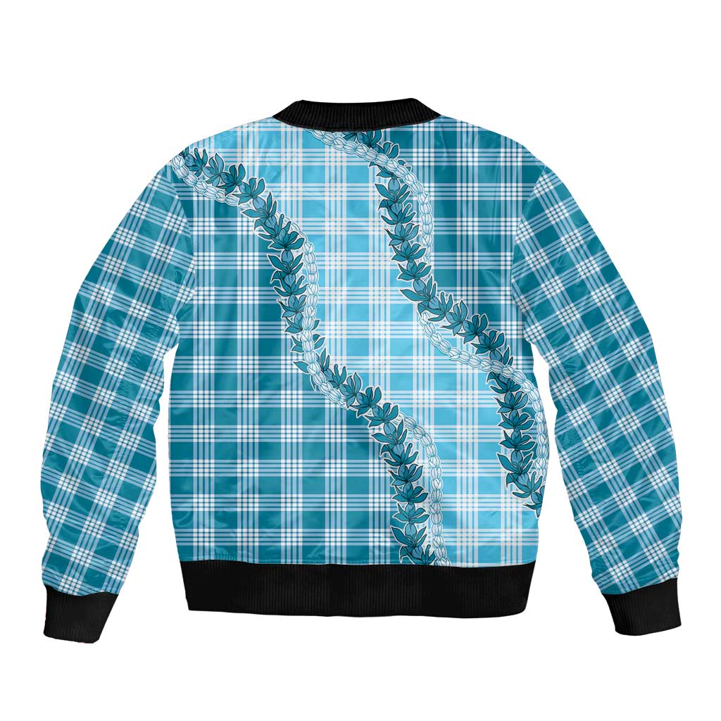 Blue Hawaii Palaka Sleeve Zip Bomber Jacket Hawaiian Pikake Lei LT05 - Polynesian Pride