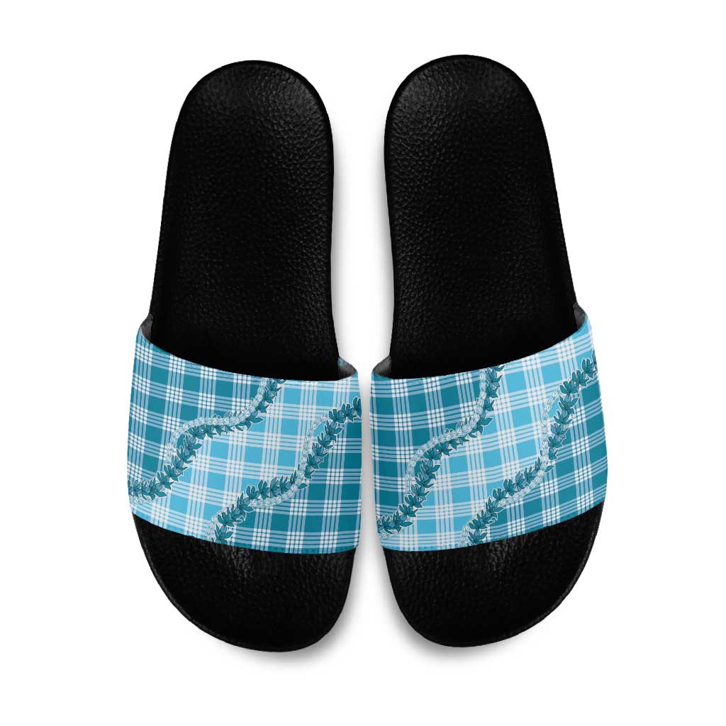Blue Hawaii Palaka Slide Sandals Hawaiian Pikake Lei LT05 Blue - Polynesian Pride