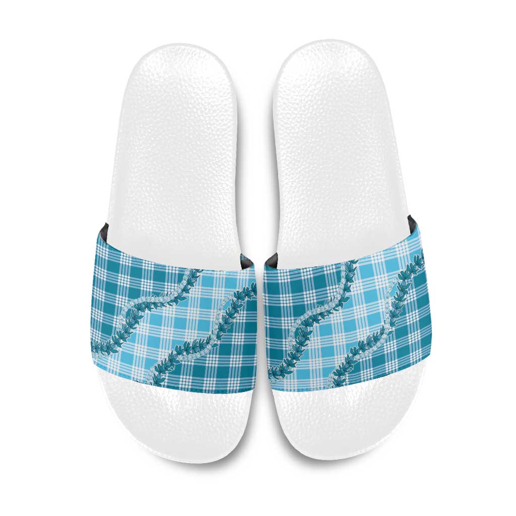 Blue Hawaii Palaka Slide Sandals Hawaiian Pikake Lei LT05 Blue - Polynesian Pride