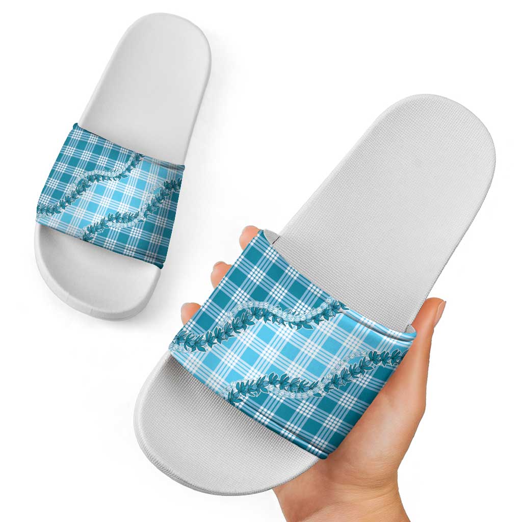 Blue Hawaii Palaka Slide Sandals Hawaiian Pikake Lei LT05 - Polynesian Pride