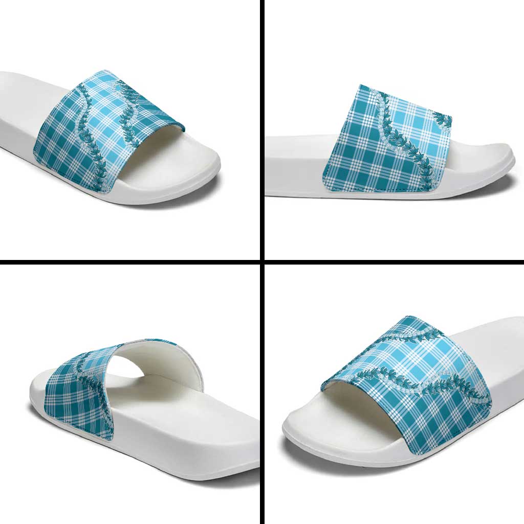 Blue Hawaii Palaka Slide Sandals Hawaiian Pikake Lei LT05 - Polynesian Pride