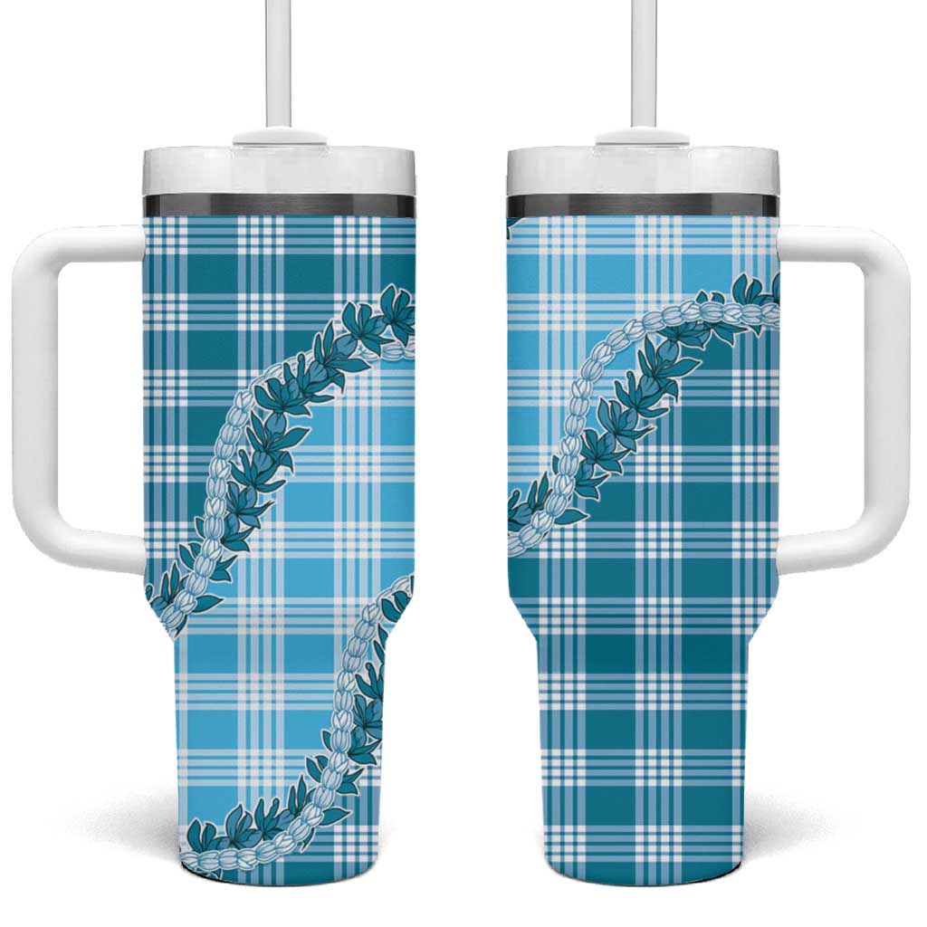 Blue Hawaii Palaka Tumbler With Handle Hawaiian Pikake Lei LT05 One Size: 40 oz Blue - Polynesian Pride