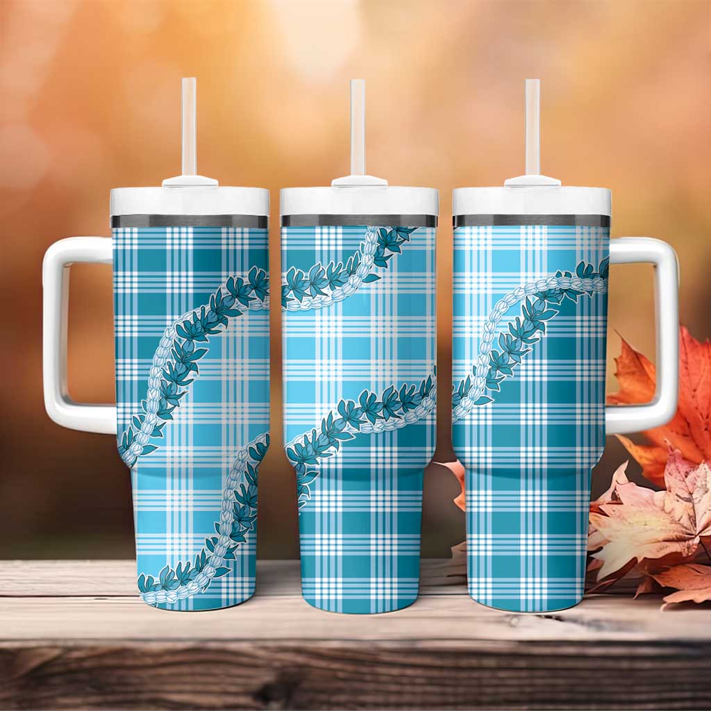 Blue Hawaii Palaka Tumbler With Handle Hawaiian Pikake Lei LT05 - Polynesian Pride