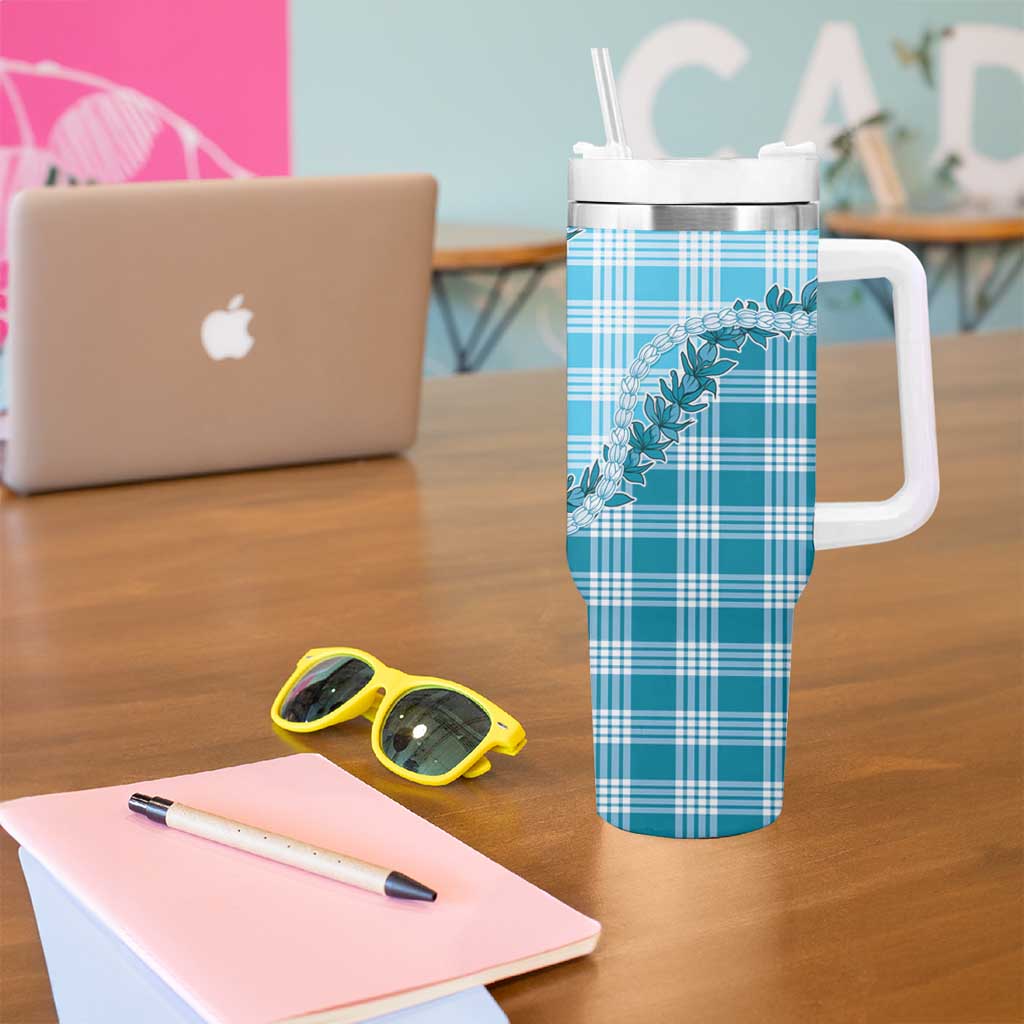 Blue Hawaii Palaka Tumbler With Handle Hawaiian Pikake Lei LT05 - Polynesian Pride