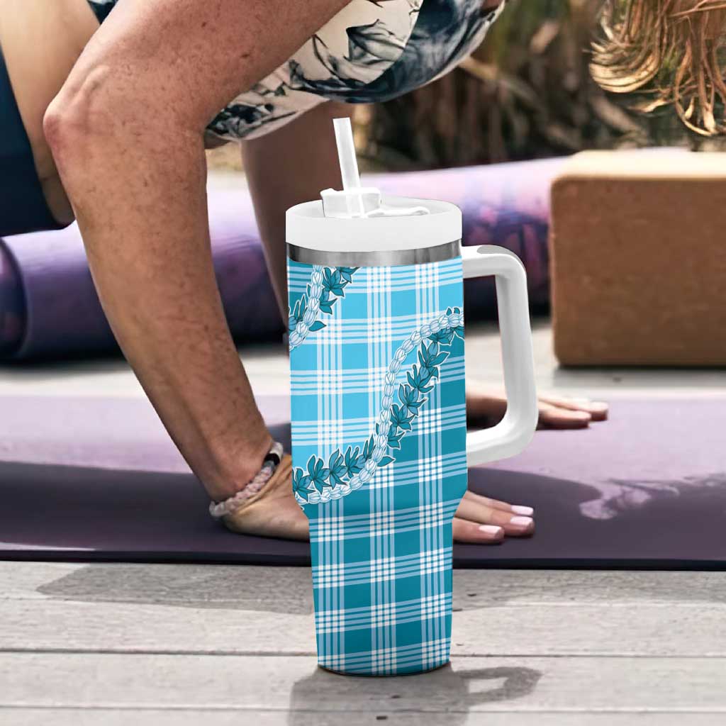 Blue Hawaii Palaka Tumbler With Handle Hawaiian Pikake Lei LT05 - Polynesian Pride