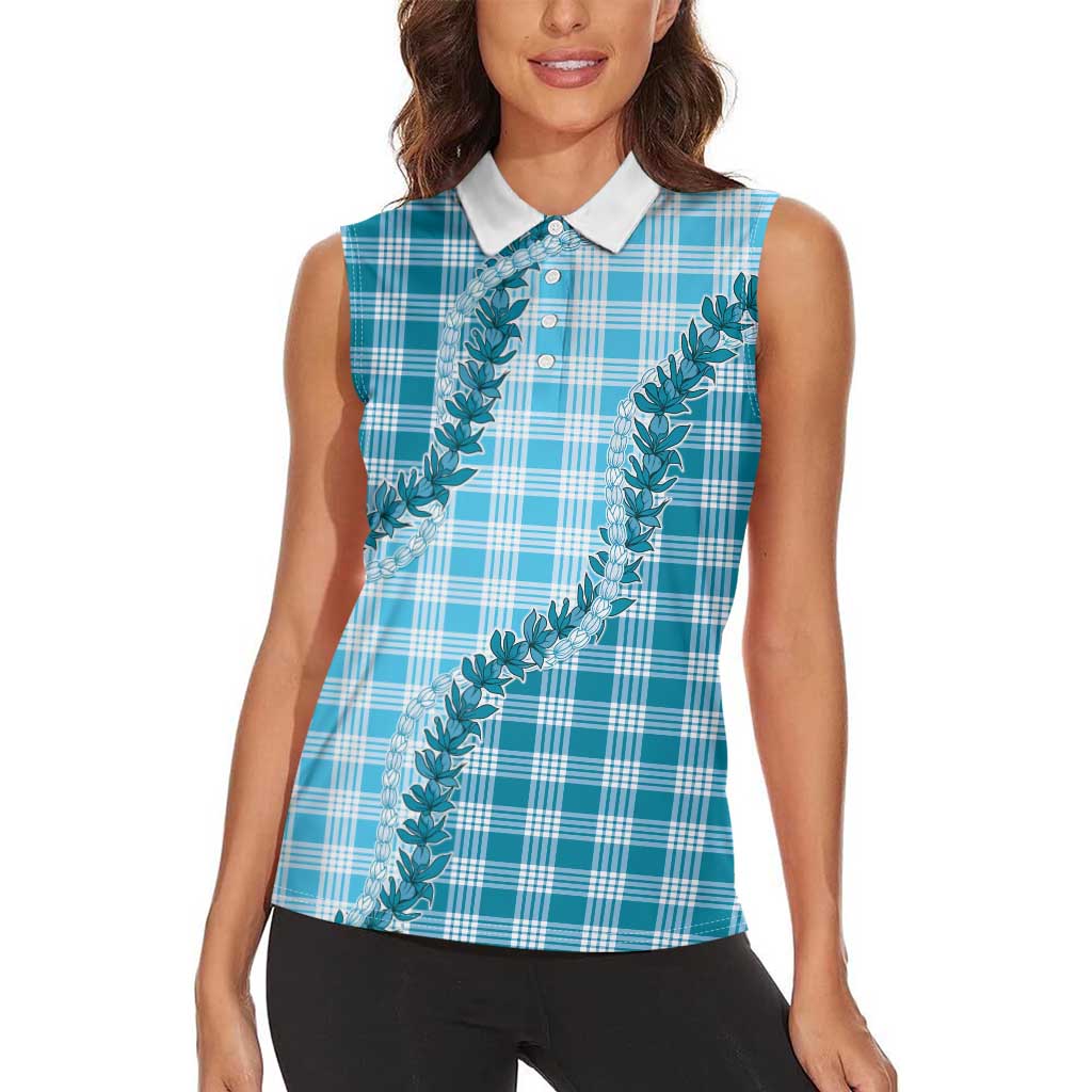 Blue Hawaii Palaka Women Sleeveless Polo Shirt Hawaiian Pikake Lei LT05 - Polynesian Pride
