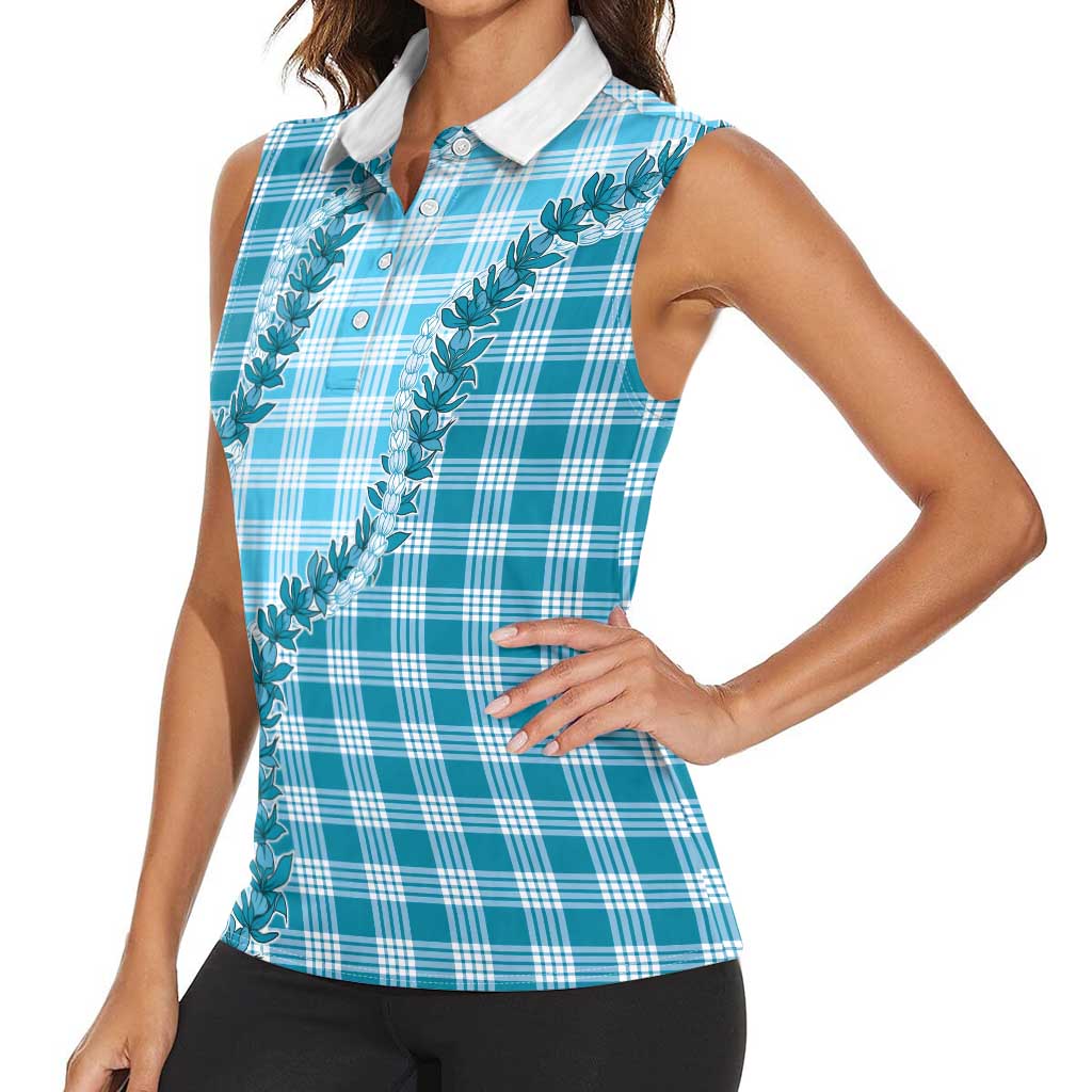 Blue Hawaii Palaka Women Sleeveless Polo Shirt Hawaiian Pikake Lei LT05 - Polynesian Pride
