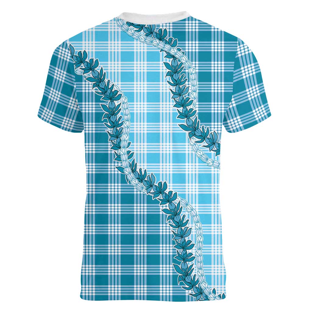 Blue Hawaii Palaka Women V-Neck T-Shirt Hawaiian Pikake Lei LT05 - Polynesian Pride