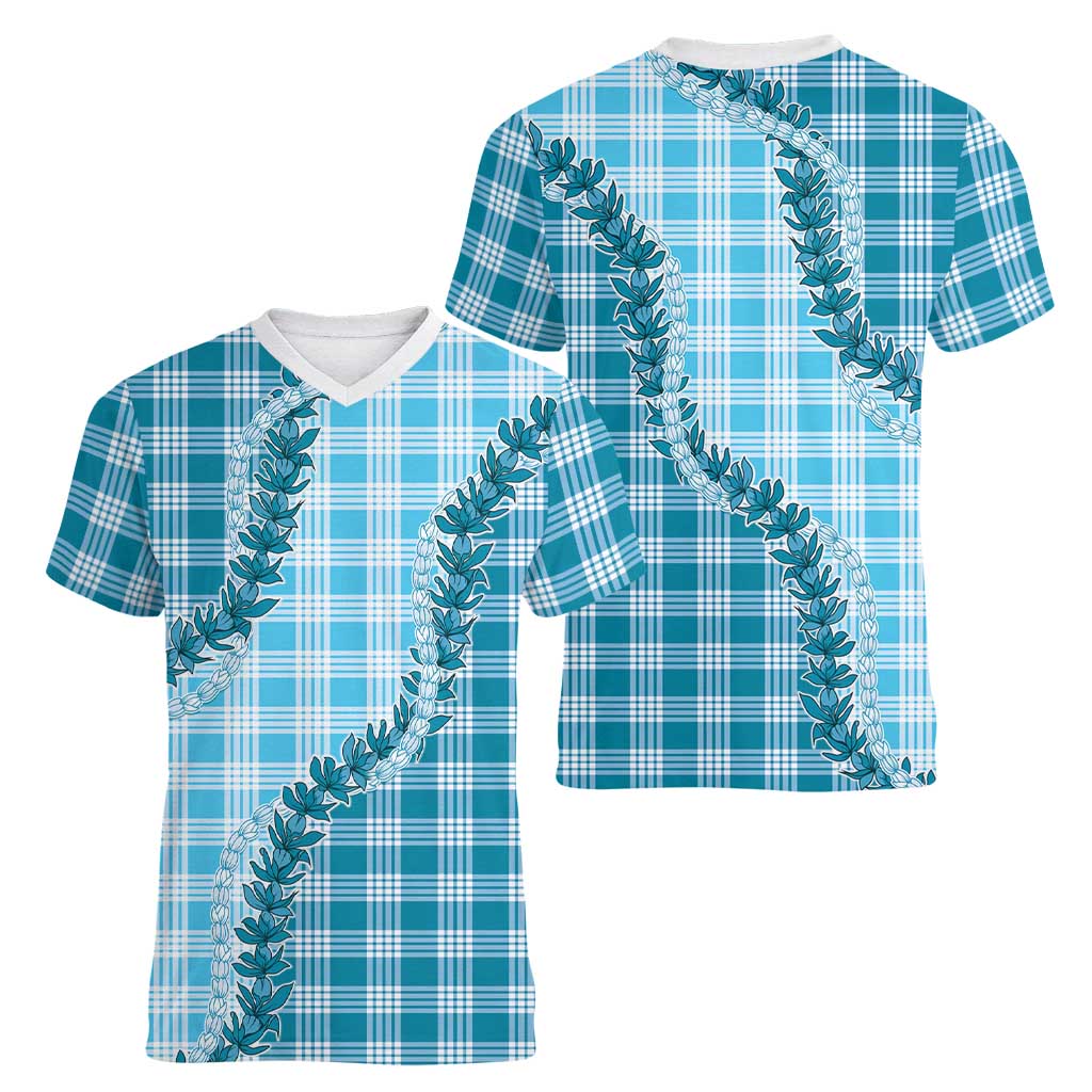 Blue Hawaii Palaka Women V-Neck T-Shirt Hawaiian Pikake Lei LT05 - Polynesian Pride