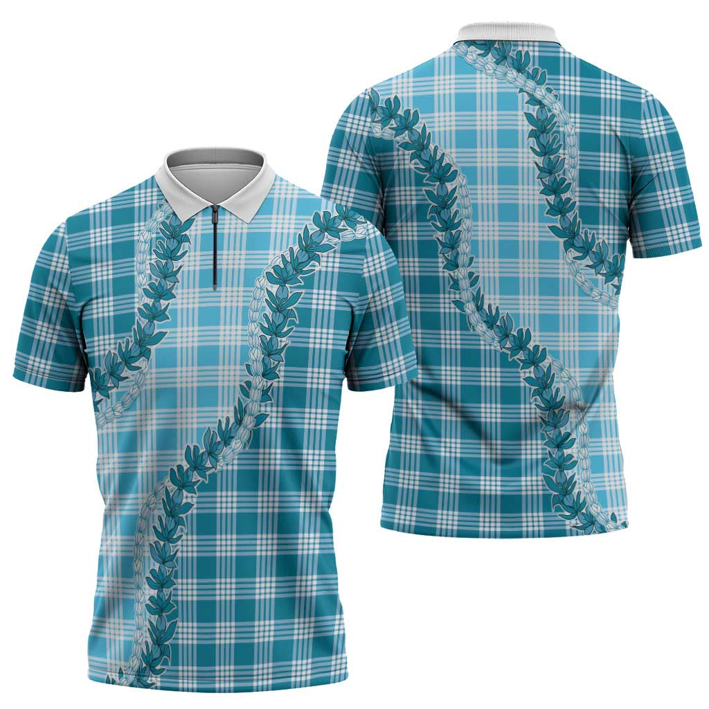 Blue Hawaii Palaka Zipper Polo Shirt Hawaiian Pikake Lei LT05 - Polynesian Pride