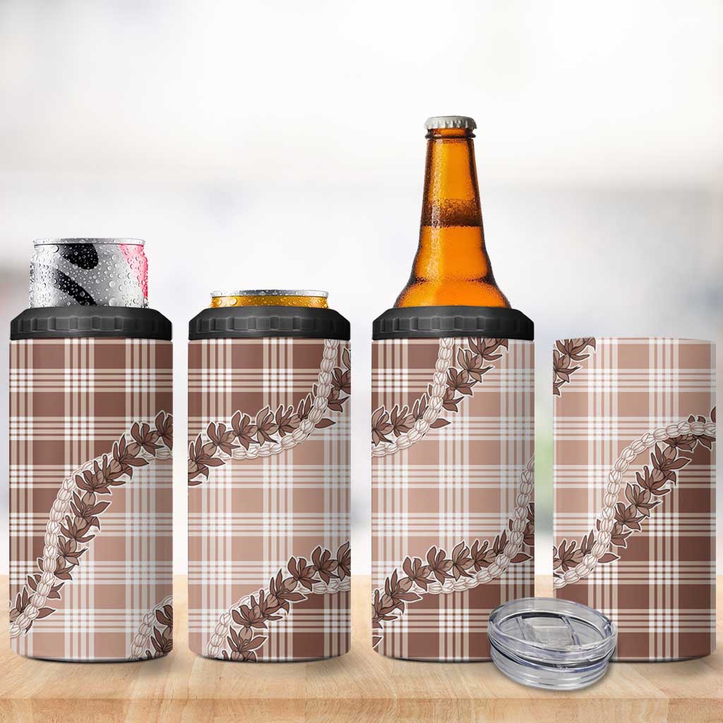Beige Hawaii Palaka 4 in 1 Can Cooler Tumbler Hawaiian Pikake Lei