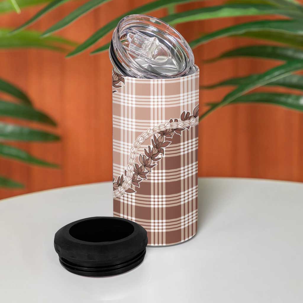 Beige Hawaii Palaka 4 in 1 Can Cooler Tumbler Hawaiian Pikake Lei
