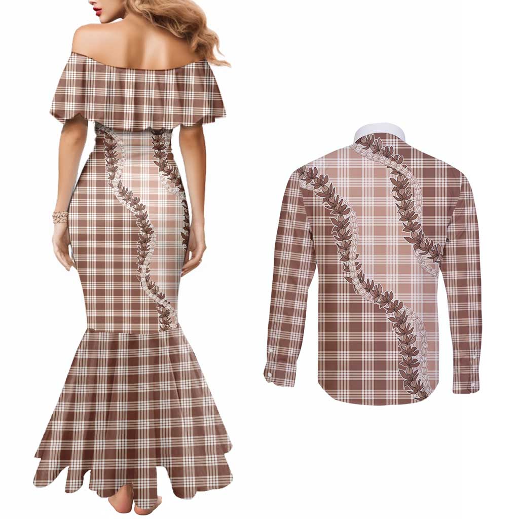 Beige Hawaii Palaka Couples Matching Mermaid Dress and Long Sleeve Button Shirt Hawaiian Pikake Lei LT05 - Polynesian Pride