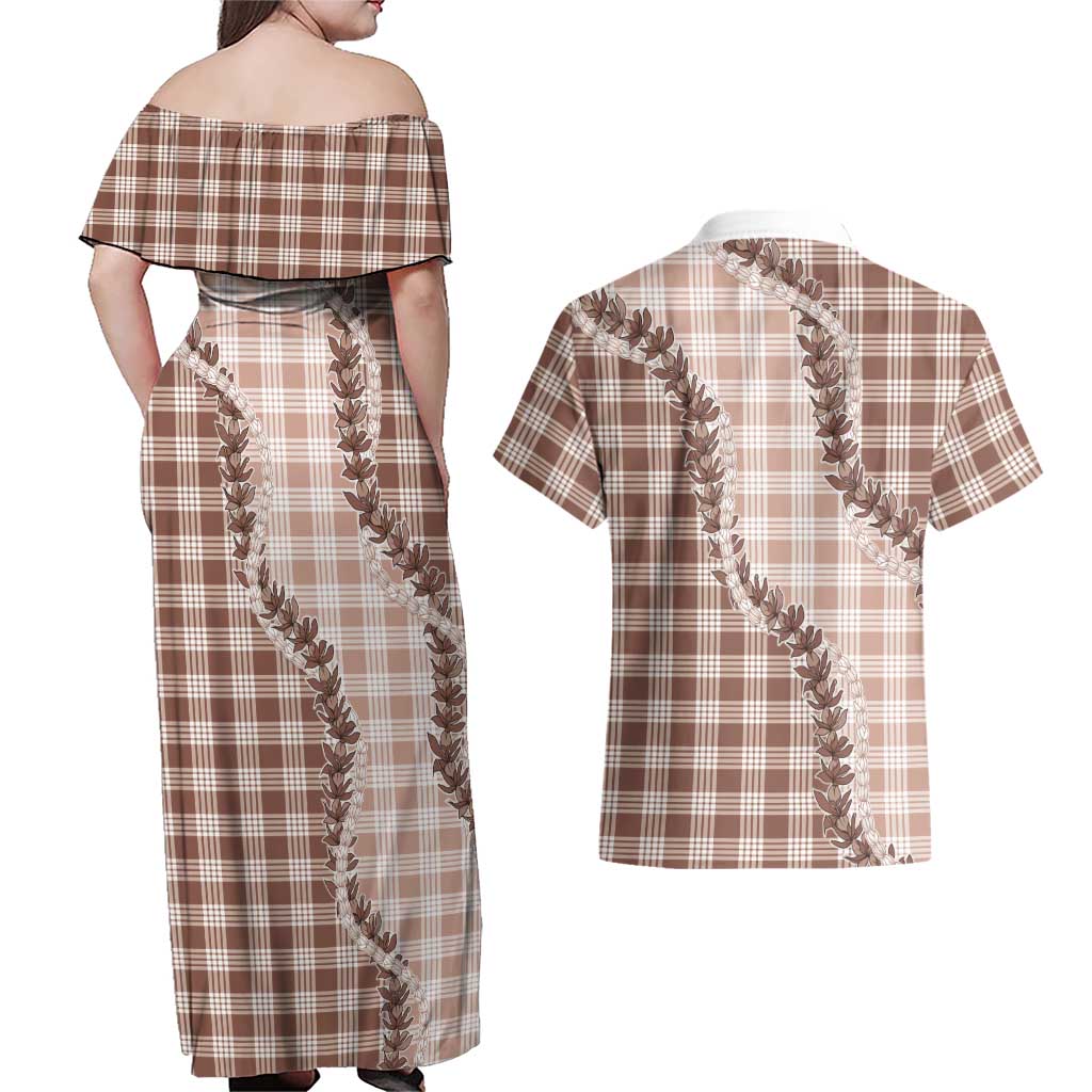 Beige Hawaii Palaka Couples Matching Off Shoulder Maxi Dress and Hawaiian Shirt Hawaiian Pikake Lei LT05 - Polynesian Pride
