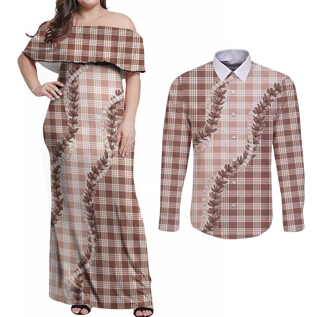 Beige Hawaii Palaka Couples Matching Off Shoulder Maxi Dress and Long Sleeve Button Shirt Hawaiian Pikake Lei LT05 Beige - Polynesian Pride
