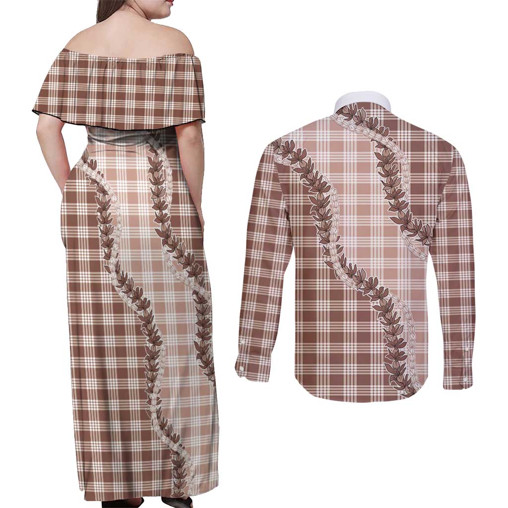 Beige Hawaii Palaka Couples Matching Off Shoulder Maxi Dress and Long Sleeve Button Shirt Hawaiian Pikake Lei LT05 - Polynesian Pride