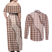 Beige Hawaii Palaka Couples Matching Off Shoulder Maxi Dress and Long Sleeve Button Shirt Hawaiian Pikake Lei LT05 - Polynesian Pride
