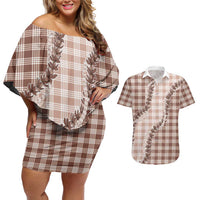 Beige Hawaii Palaka Couples Matching Off Shoulder Short Dress and Hawaiian Shirt Hawaiian Pikake Lei