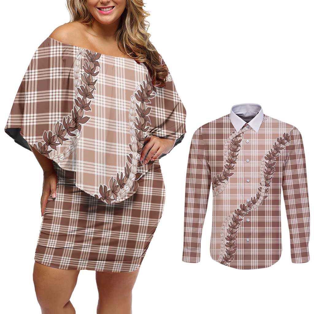 Beige Hawaii Palaka Couples Matching Off Shoulder Short Dress and Long Sleeve Button Shirt Hawaiian Pikake Lei LT05 Beige - Polynesian Pride