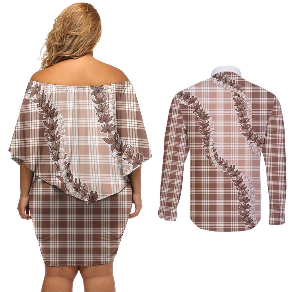 Beige Hawaii Palaka Couples Matching Off Shoulder Short Dress and Long Sleeve Button Shirt Hawaiian Pikake Lei LT05 - Polynesian Pride