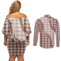 Beige Hawaii Palaka Couples Matching Off Shoulder Short Dress and Long Sleeve Button Shirt Hawaiian Pikake Lei LT05 - Polynesian Pride