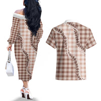 Beige Hawaii Palaka Couples Matching Off The Shoulder Long Sleeve Dress and Hawaiian Shirt Hawaiian Pikake Lei