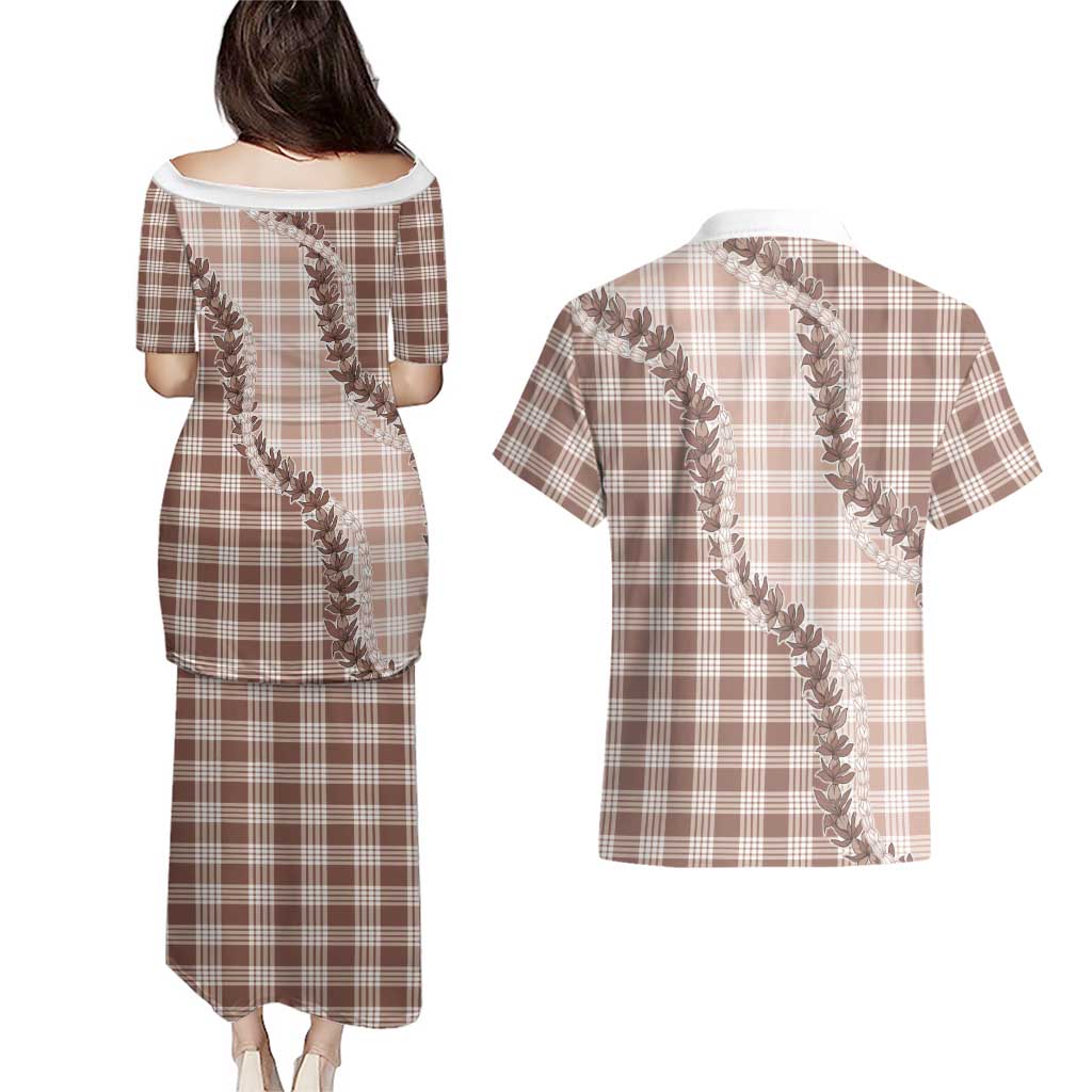 Beige Hawaii Palaka Couples Matching Puletasi and Hawaiian Shirt Hawaiian Pikake Lei