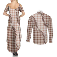 Beige Hawaii Palaka Couples Matching Summer Maxi Dress and Long Sleeve Button Shirt Hawaiian Pikake Lei LT05 - Polynesian Pride