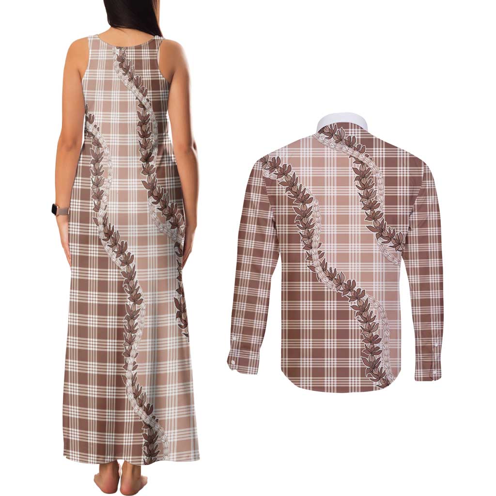 Beige Hawaii Palaka Couples Matching Tank Maxi Dress and Long Sleeve Button Shirt Hawaiian Pikake Lei LT05 - Polynesian Pride