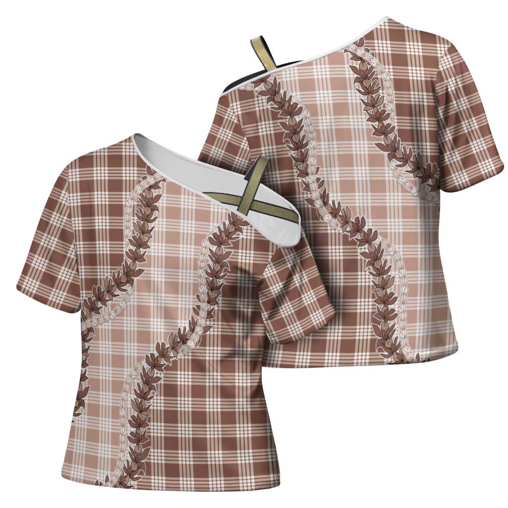 Beige Hawaii Palaka Cross Shoulder Shirt Hawaiian Pikake Lei LT05 - Polynesian Pride