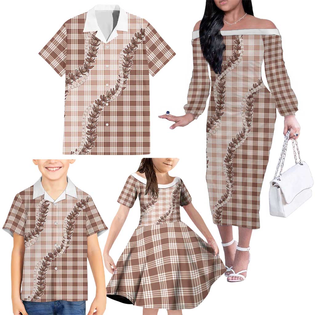 Beige Hawaii Palaka Family Matching Off The Shoulder Long Sleeve Dress and Hawaiian Shirt Hawaiian Pikake Lei LT05 - Polynesian Pride