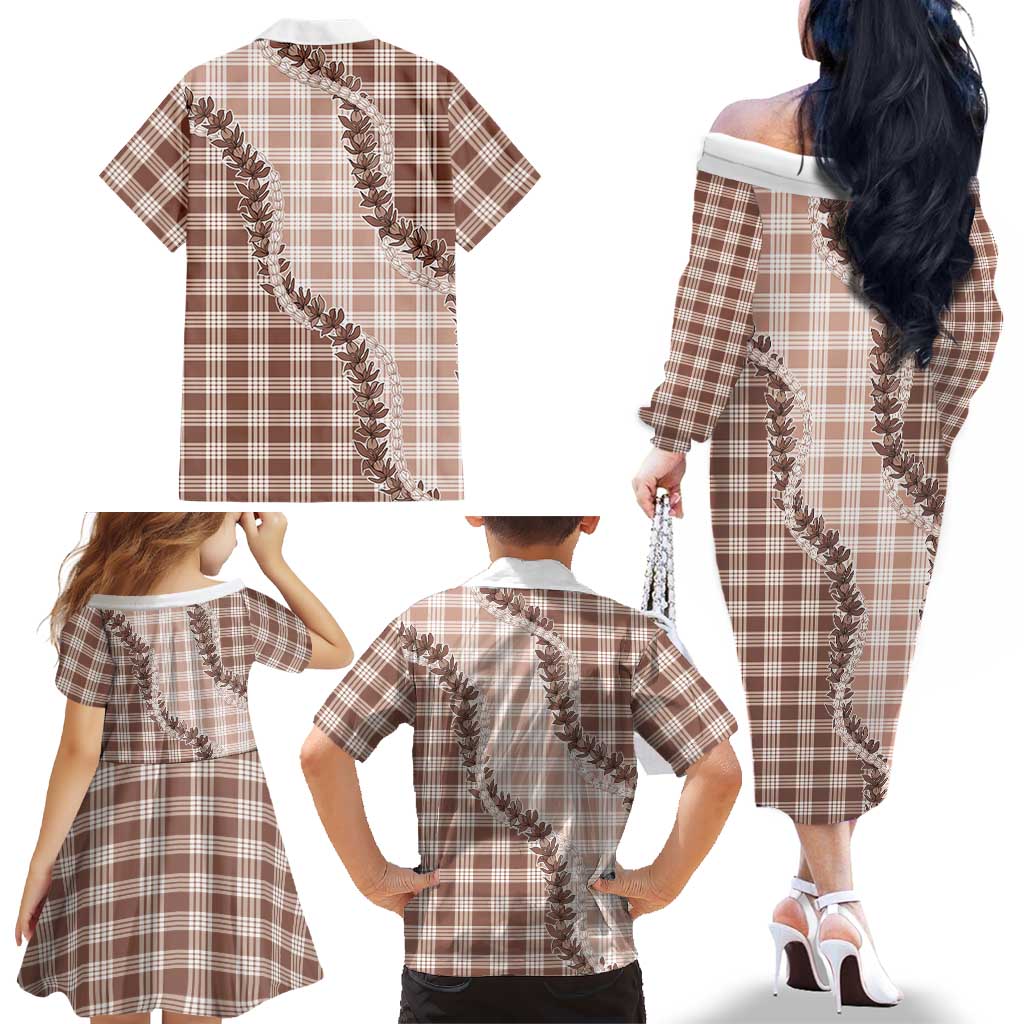 Beige Hawaii Palaka Family Matching Off The Shoulder Long Sleeve Dress and Hawaiian Shirt Hawaiian Pikake Lei