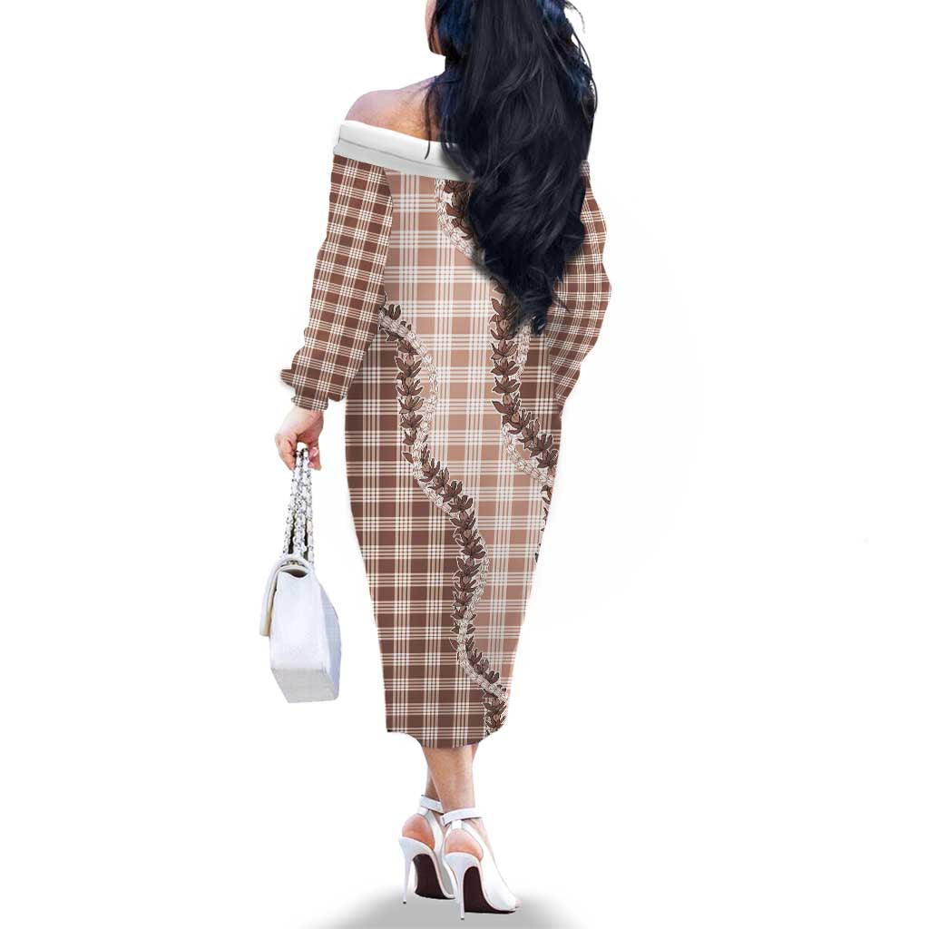 Beige Hawaii Palaka Family Matching Off The Shoulder Long Sleeve Dress and Hawaiian Shirt Hawaiian Pikake Lei