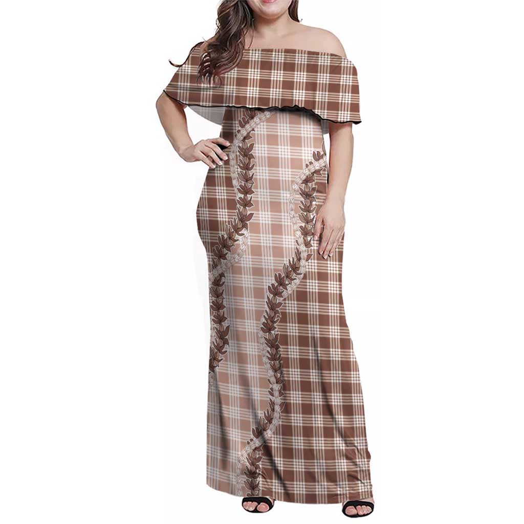 Beige Hawaii Palaka Family Matching Off Shoulder Maxi Dress and Hawaiian Shirt Hawaiian Pikake Lei